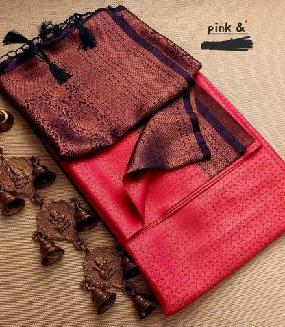 Elegant Pink & Black Soft Silk Saree with Rich Woven Pallu