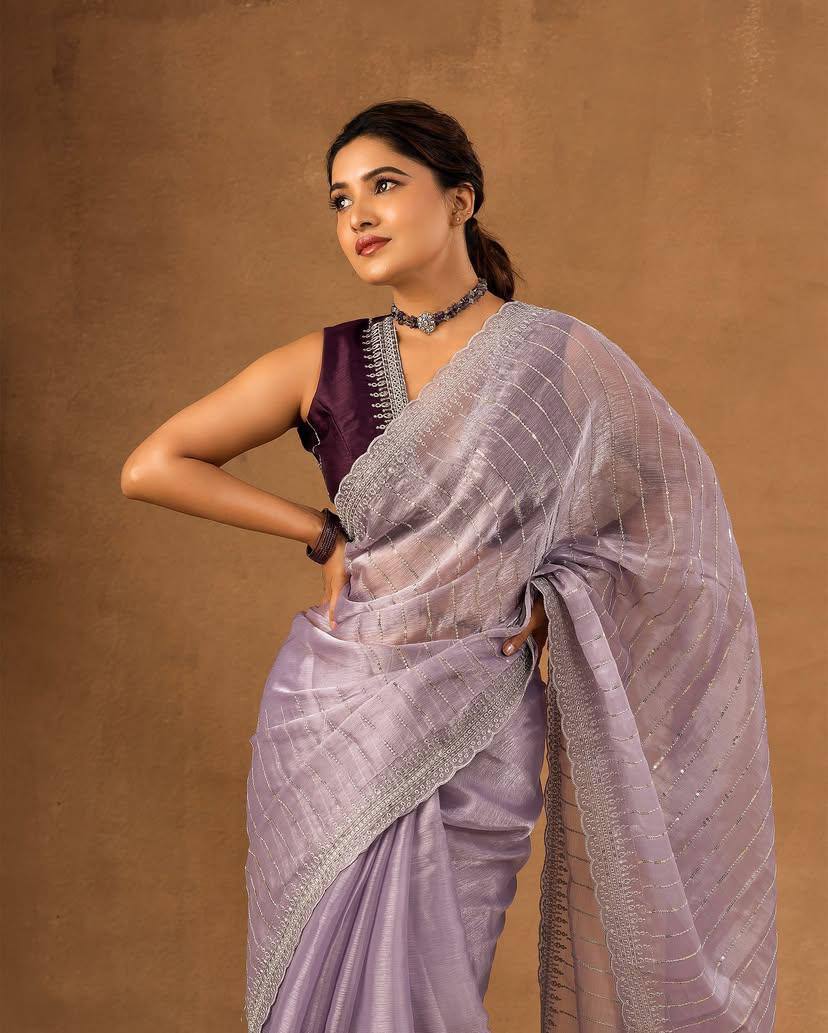 Soft Burberry Fabric Designer Saree with Sequins & Zari Work