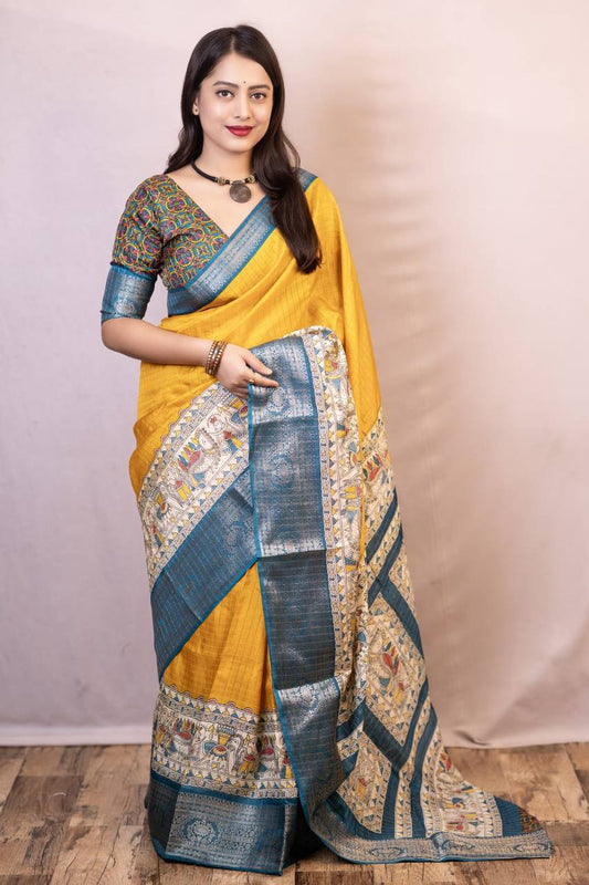 Lightweight Mangalagiri Dola Saree with Print Checks & Kalamkari Pallu