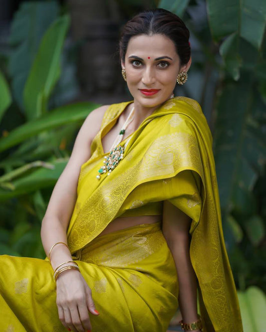 Elegant Olive Green Banarasi Silk Saree with Gold Zari Motifs