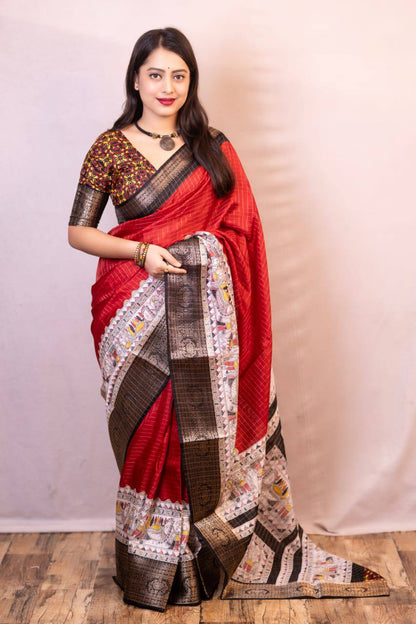Lightweight Mangalagiri Dola Saree with Print Checks & Kalamkari Pallu