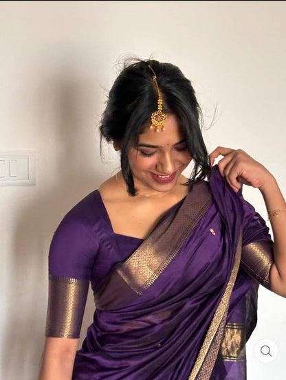 Soft Cotton Saree Showcasing Slab Weaving and Contrast Blouse