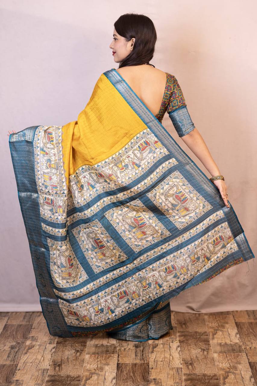 Lightweight Mangalagiri Dola Saree with Print Checks & Kalamkari Pallu