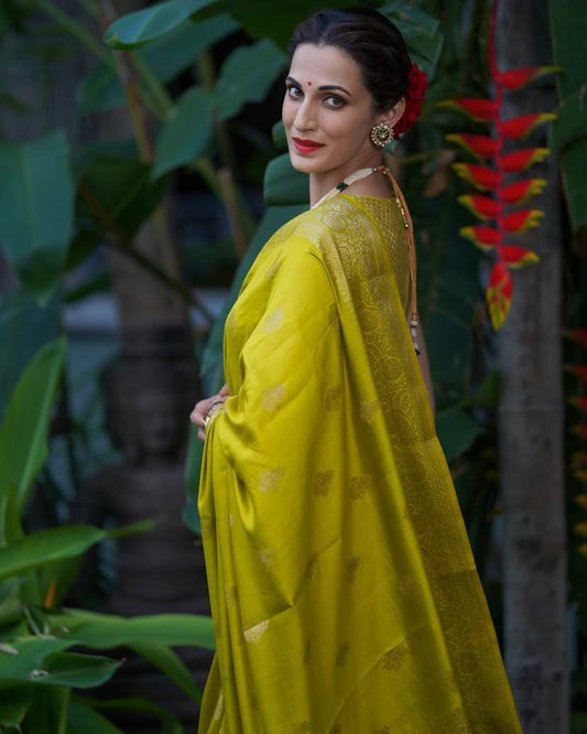 Elegant Olive Green Banarasi Silk Saree with Gold Zari Motifs