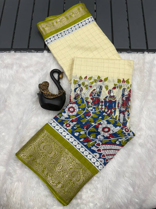 Tradivibe Saree Crafted with Printed Checks and Kalamkari Pallu