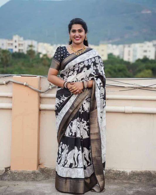 Dola Silk Kalamkari Saree with Jacquard Border