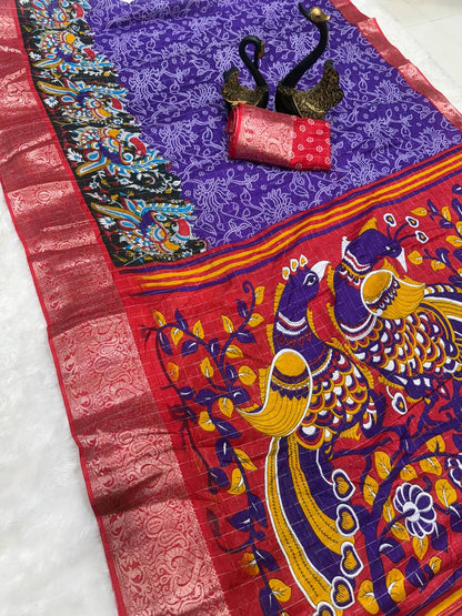 Lightweight Mangalagiri Dola Saree with Print Checks & Kalamkari Pallu