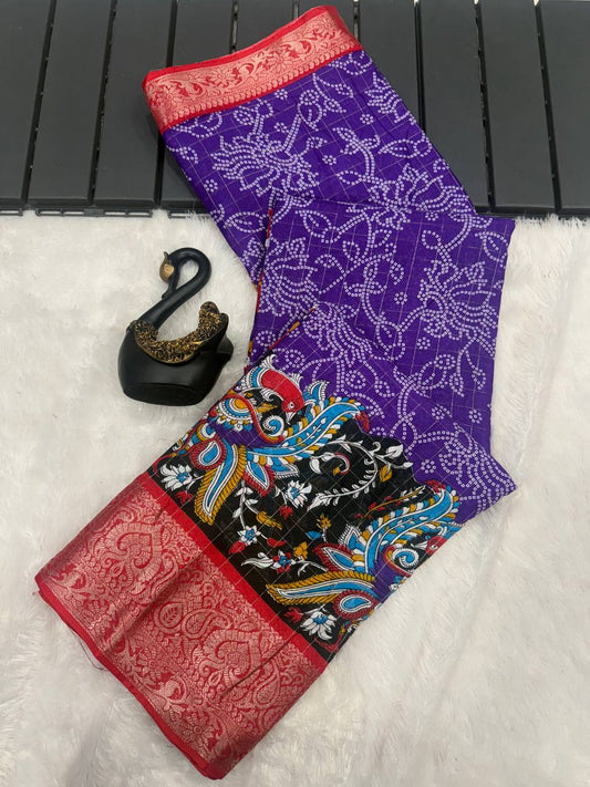 Lightweight Mangalagiri Dola Saree with Print Checks & Kalamkari Pallu