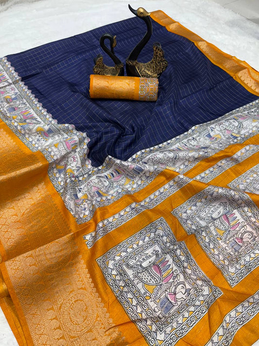 Lightweight Mangalagiri Dola Saree with Print Checks & Kalamkari Pallu