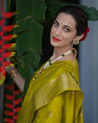 Elegant Olive Green Banarasi Silk Saree with Gold Zari Motifs