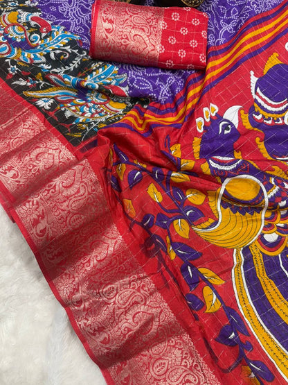 Lightweight Mangalagiri Dola Saree with Print Checks & Kalamkari Pallu